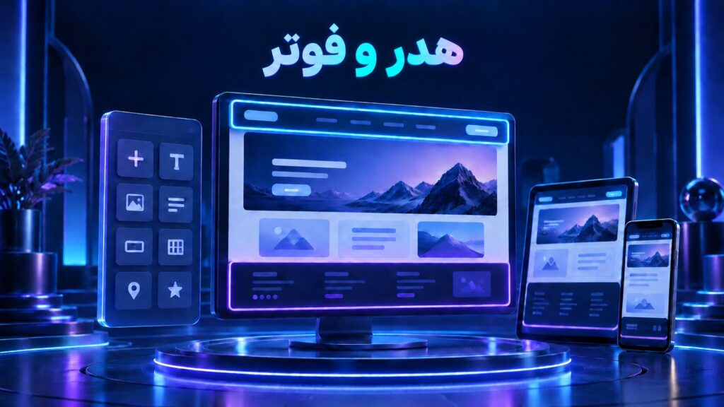 تصویر سه‌بعدی طراحی هدر و فوتر با المنتور در نمایش دسکتاپ، تبلت و موبایل