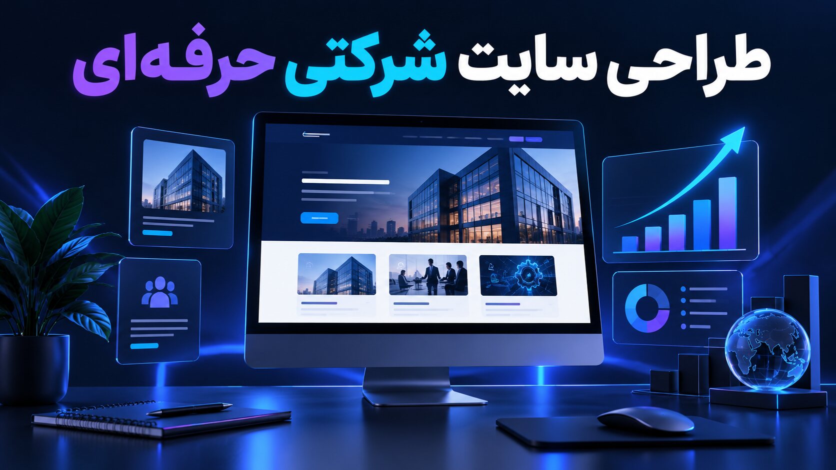 نمای مفهومی طراحی سایت شرکتی حرفه‌ای با رابط کاربری و نمودار رشد کسب‌وکار