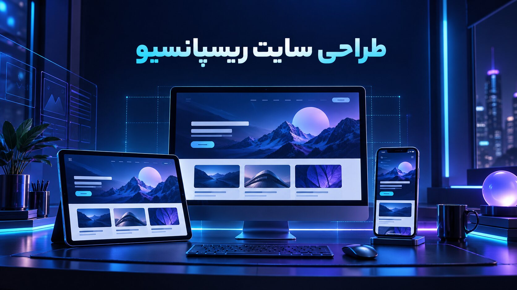 نمایش طراحی سایت ریسپانسیو در دسکتاپ، تبلت و موبایل