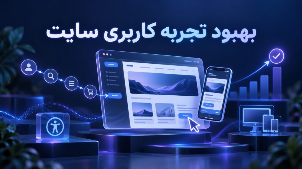نمای مفهومی بهبود تجربه کاربری سایت در دسکتاپ و موبایل با مسیر کاربر و تحلیل تبدیل
