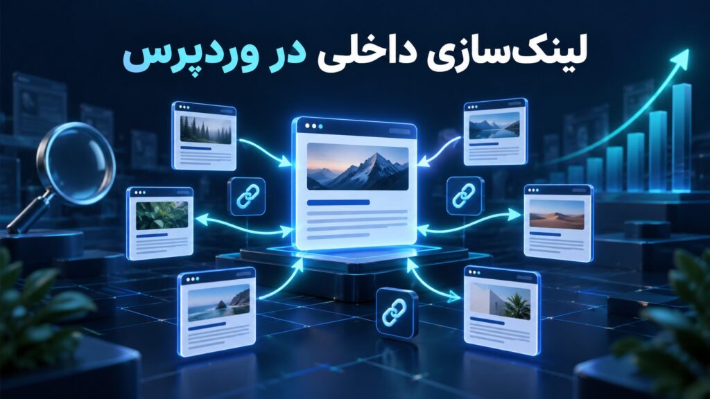 نمای ساختار لینکسازی داخلی در وردپرس با صفحه ستون، خوشههای محتوایی و مسیرهای ارتباطی