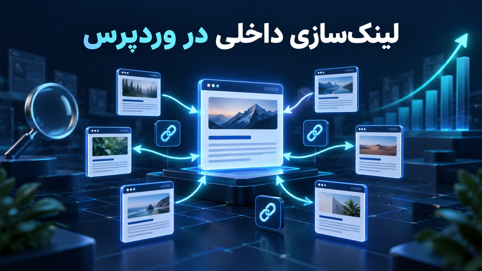 نمای ساختار لینکسازی داخلی در وردپرس با صفحه ستون، خوشههای محتوایی و مسیرهای ارتباطی
