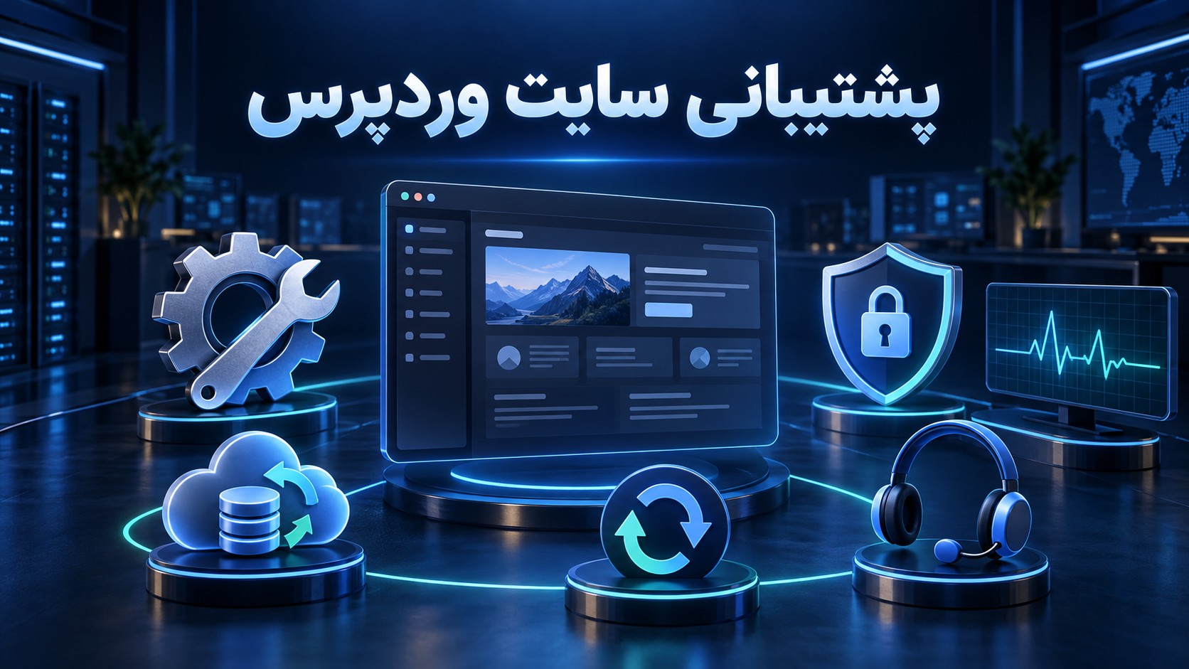نمای مفهومی پشتیبانی سایت وردپرس شامل نگهداری، امنیت، بکاپ، به‌روزرسانی و مانیتورینگ